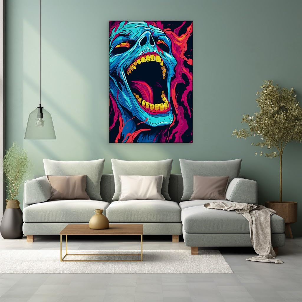 Canvas for Living room. Unleashed Fury: The Electric Rage of a Blue Zombie Amidst Fiery Katakana Whirls, 27 x 18 inch Canvas Wall Art - Ready to Hang - 69x46 cm (27x18 inch)