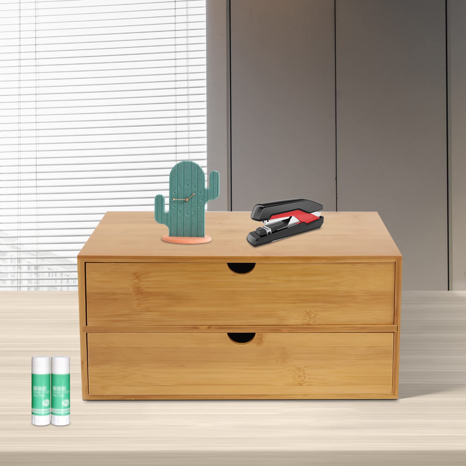 Mini organizer da scrivania in bambù, per scrivania e tablet, per cancelleria e accessori da scrivania, organizer da ufficio (2 cassetti)