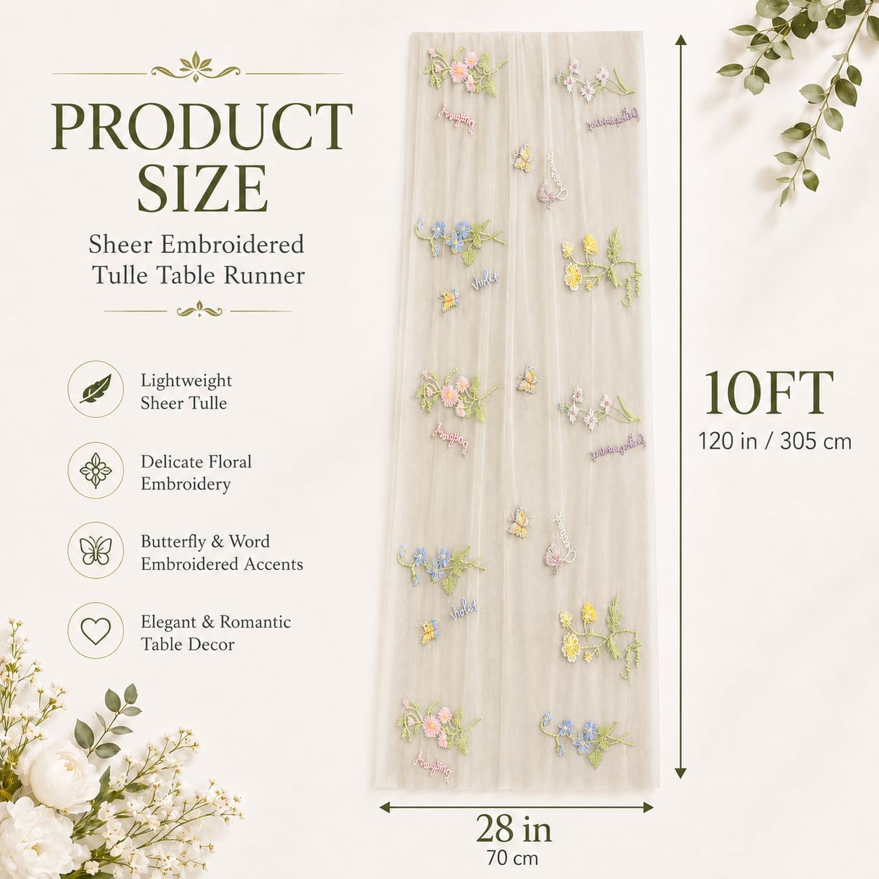 White Butterfly Floral Table Runner 10FT Seasonal Rustic Tulle Wildflower Embroidery Table Runner for Spring Summer Wedding Party Decoration Baby Shower DIY Craft