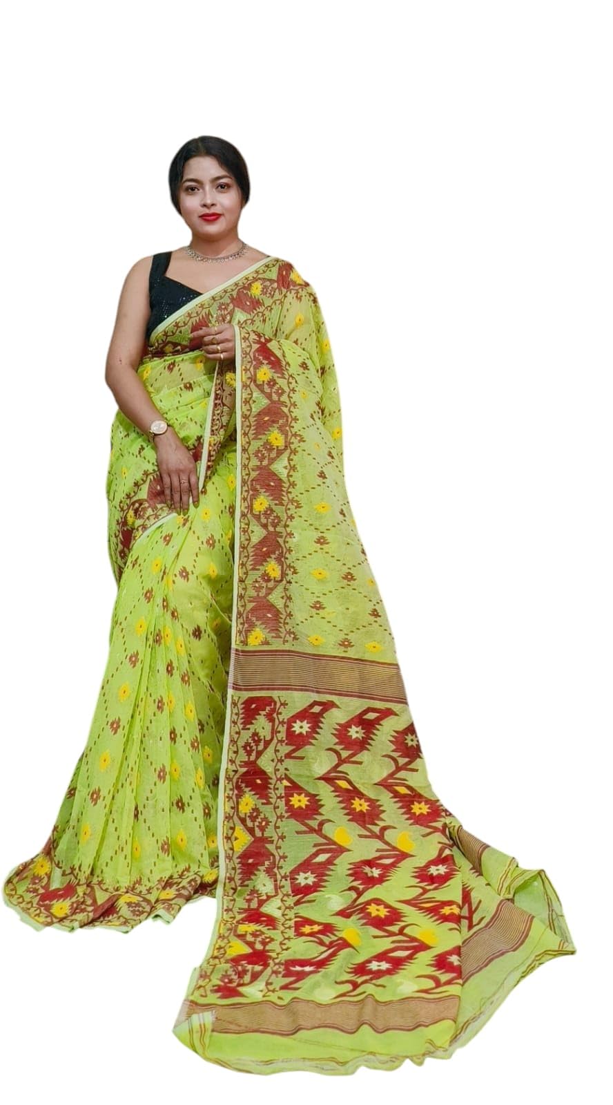 Women's Handloom Jamdani Cotton Saree Soft & Lightweight Printed Traditional with Unstiched Blouse Piece-picture-12