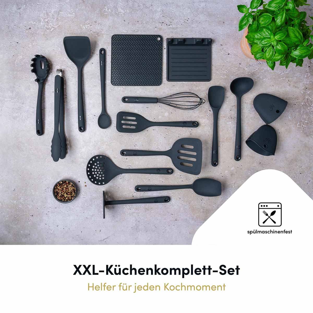 Hoffmann Küchenhelfer-Set, Anthrazit, Silikon-Edelstahlkern, Spülmaschinenfest, Hitzebeständig, Antihaft, Küchenutensilien-Set, Vorteilsset (16-teilig)