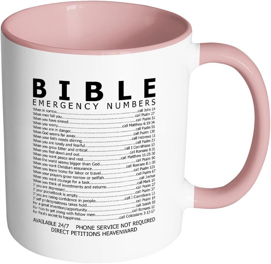 Bible Emergency Numbers Mug Cup - Christian Gifts For Women & Men (Pink) - by Mama Bear Threads