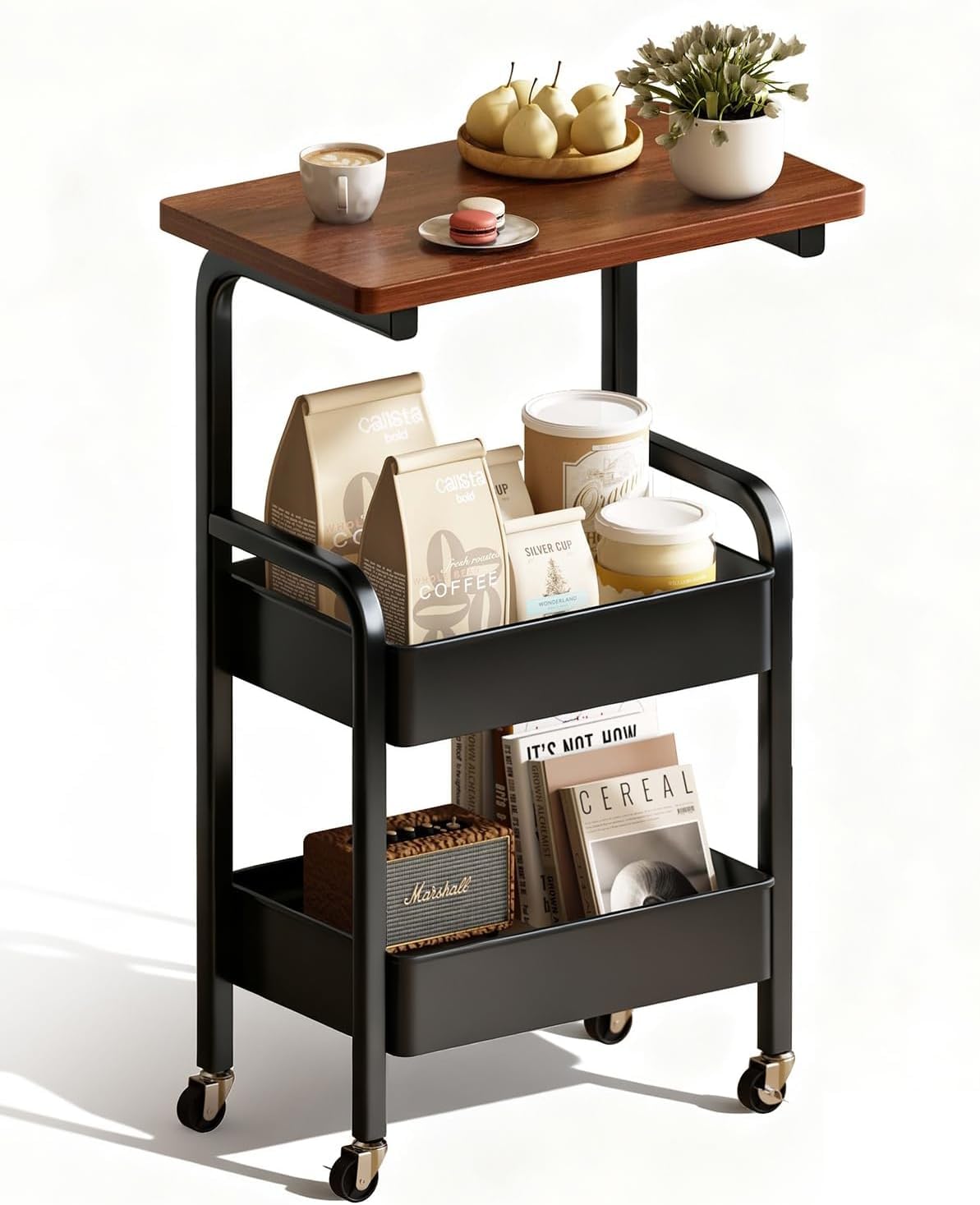 3 Tier Rolling Utility Cart with Wooden Top Shelf, Metal Storage Trolley with Lockable Wheels for Kitchen, Office, Bathroom & Bedroom Organization-image-25