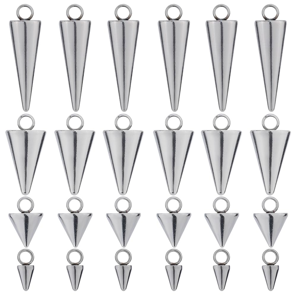 SUNNYCLUE 1 Box 56Pcs 4 Sizes Stainless Steel Spikes Charm Cone Charms Small Silver Long Metal Hypoallergenic Punk Charm for jewellery Making Charms Supplies DIY Crafts Necklace Bracelet Earring Decor