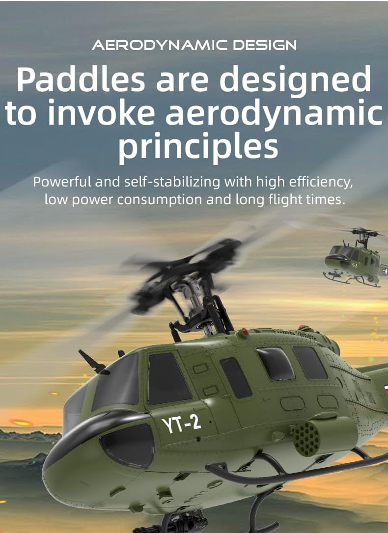 Diagram of helicopter features including 6-Axis Gyro, Brushless Motor, Bi-Directional Feedback, 4.3G Digital Servo, Easy Maintenance, One-touch Operation, Simulation Modeling, Modular Cell, 2.4GHz, Optical Flow Localization, Aileronless Design, Atmospheric Pressure Set High