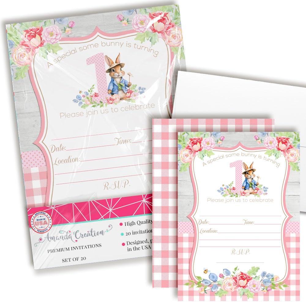 Amanda Creation Little Bunny Rabbit 1st Birthday Party Invites - Adorable Fill In Invitations for Girls Set of 20 5X7 Double Sided Cards with Twenty White Envelopes Kids Party Supplies