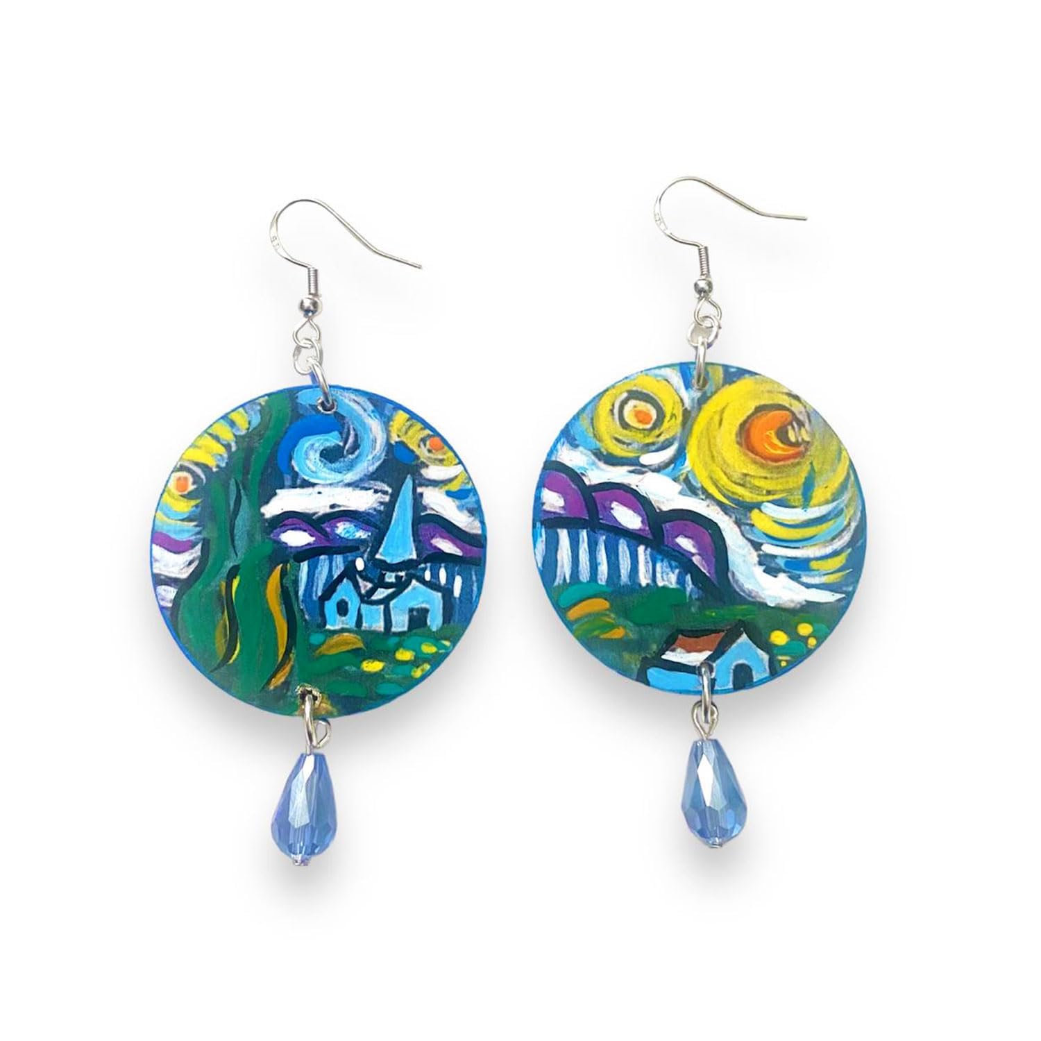 Boucles d'oreilles peintes à la main - LA NUIT ÉTOILÉE TABLEAU CÉLÈBRE - Boucles d'oreilles pour femmes, Bijoux en bois peint, Crochet en argent, Made in Italy, Bijoux, Artisanat