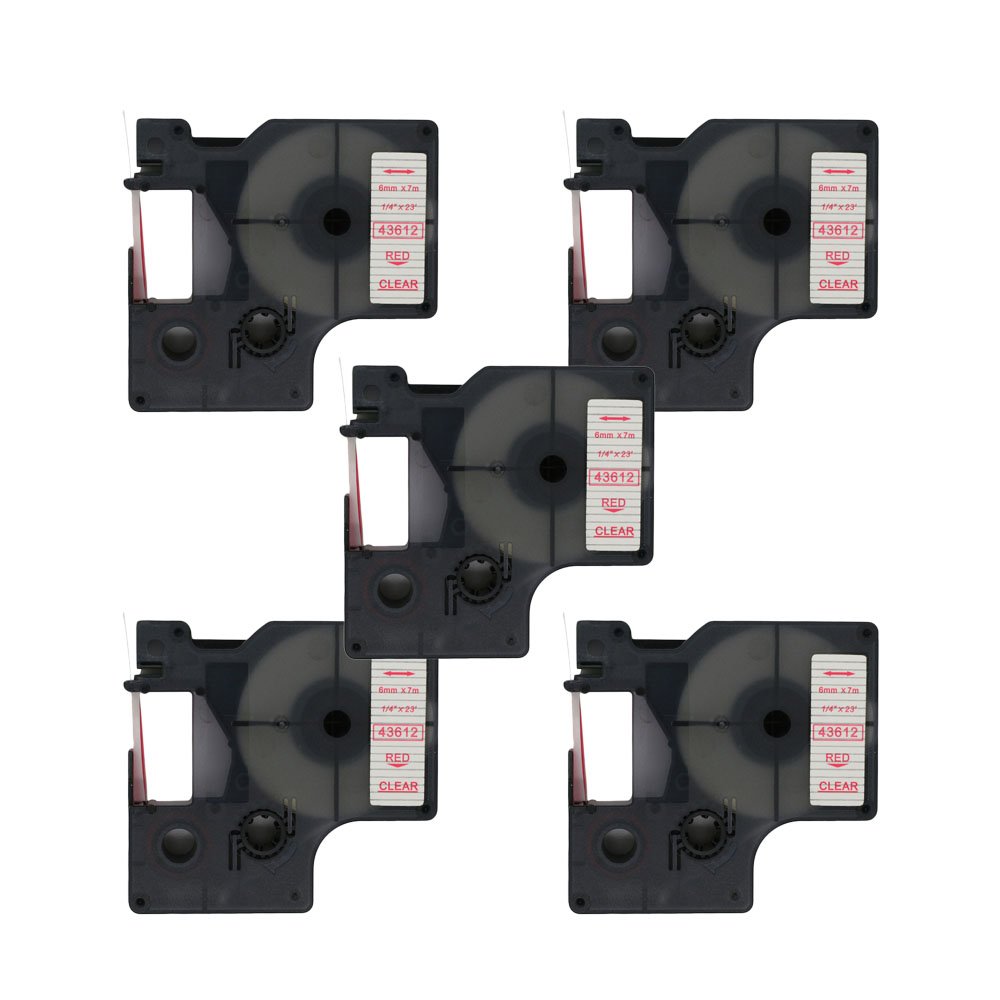 BROVACS 5 Pack Red on Clear Label Tape Compatible for DYMO D1 43612 6mm 1/4" OPA2012x5
