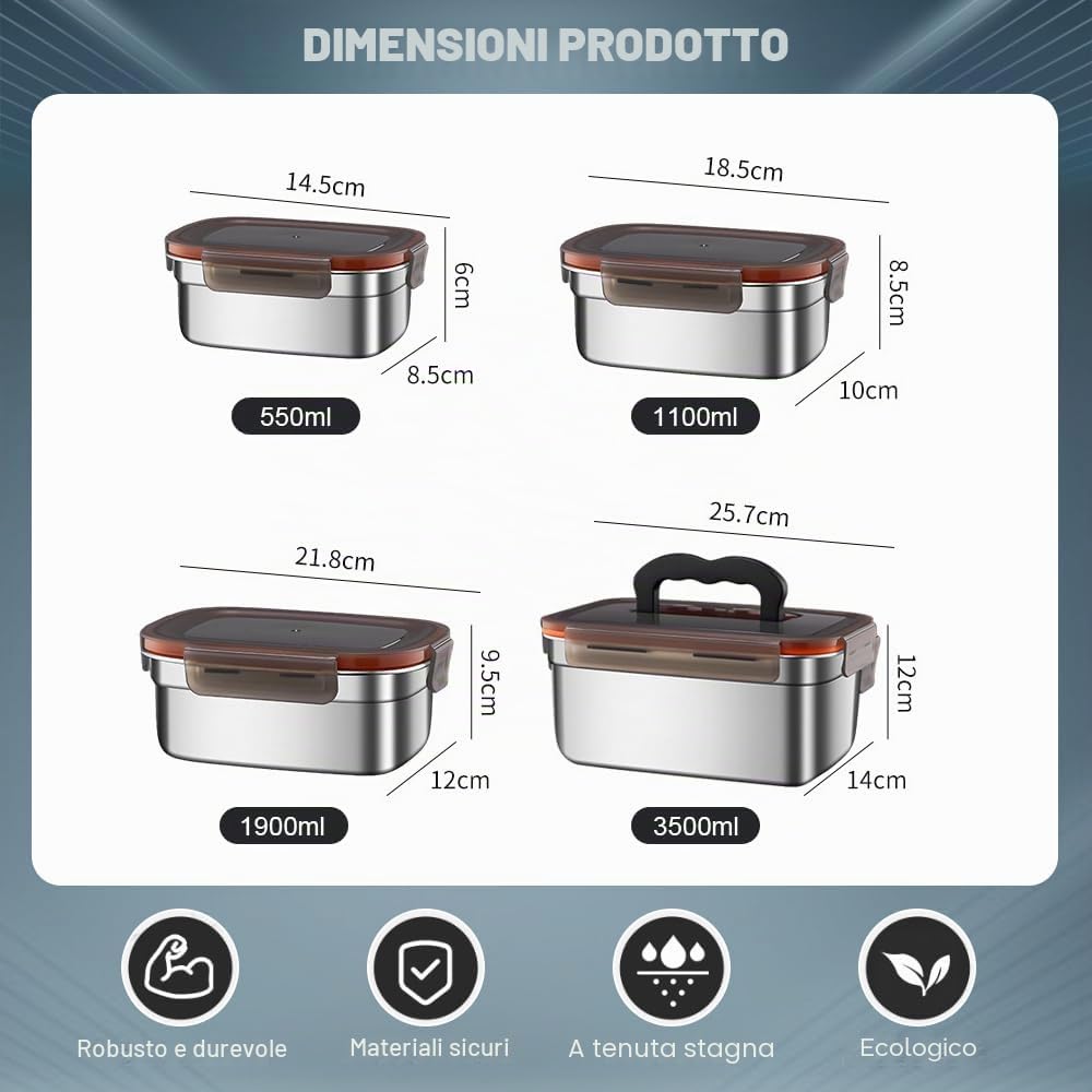 4Pz Contenitori Salvafreschezza in Acciaio Inox Contenitori per Alimenti con Coperchio 550/1100/1900/3500ML Contenitori Ermetici per Alimenti per Scuola Lavoro Picnic Lavastoviglie Frigorifero