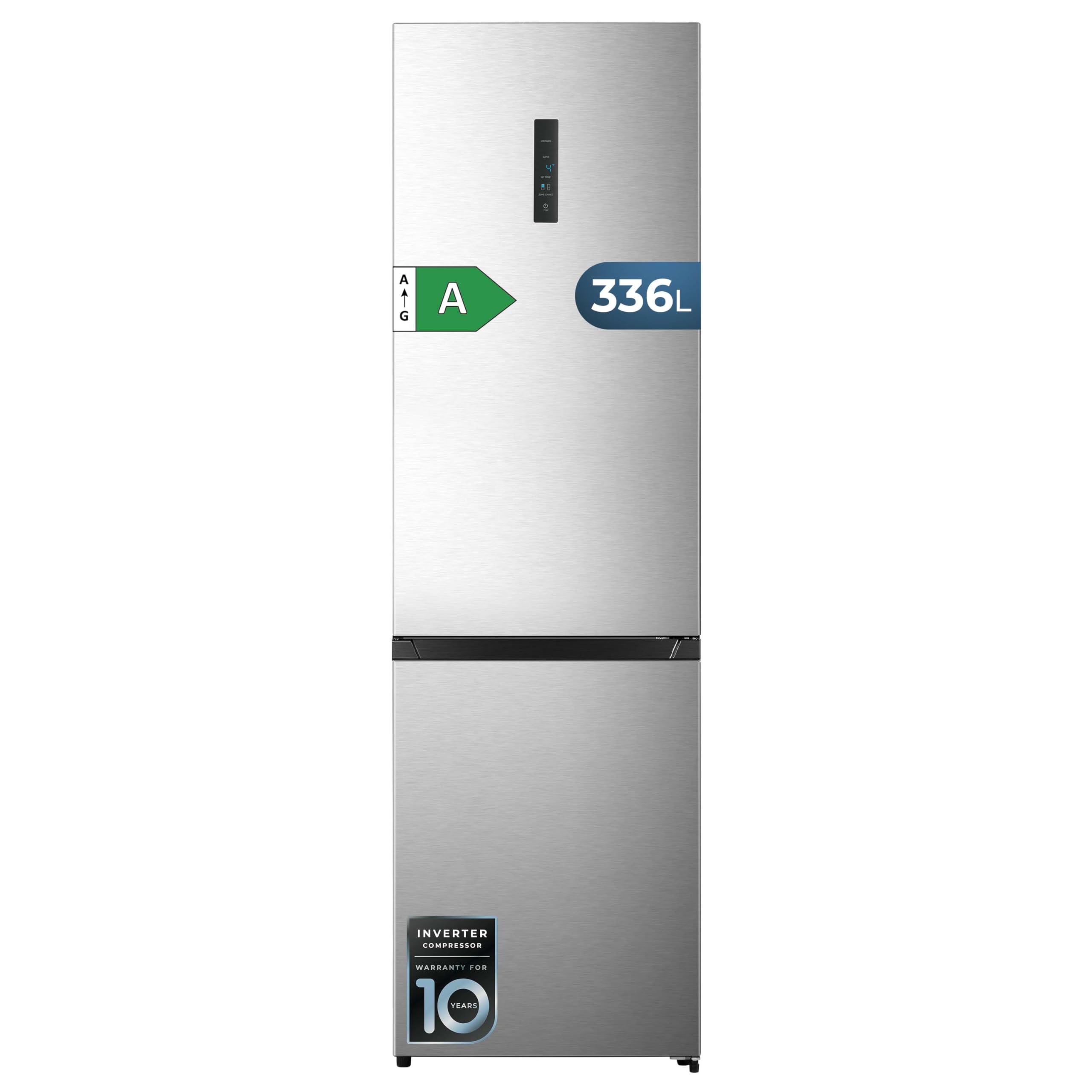 Cecotec Réfrigérateur Combi Total No Frost 336L Bolero CoolMarket Combi 336 Inox A. 201cm Hauteur, Fresh Flex, Humidity Flex, Compresseur Inverter Plus, Basse Consommation, Multi AirFlow, Mode Smart