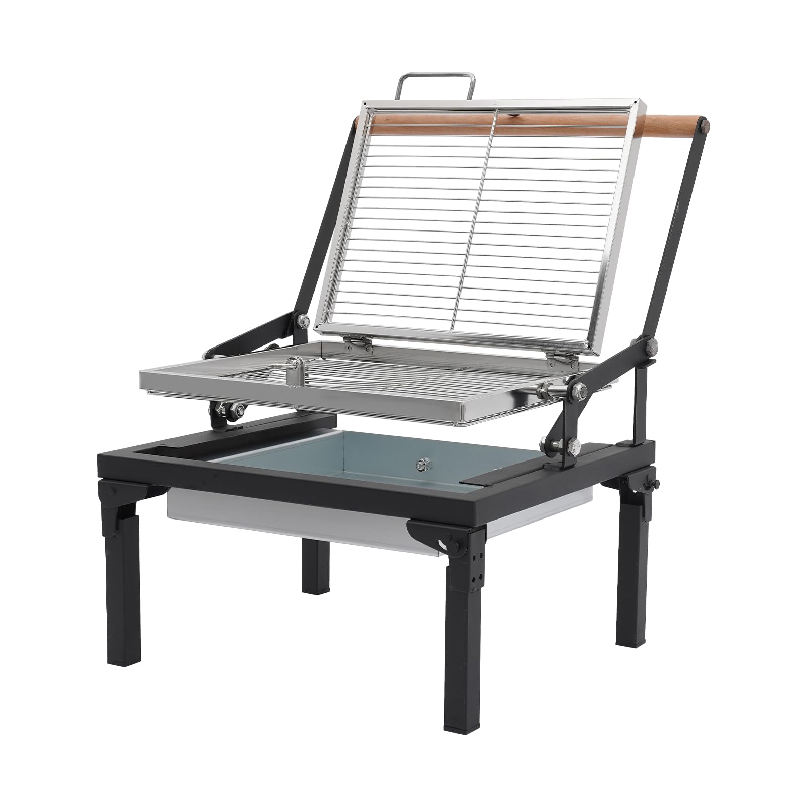 Barbecue pieghevole a carbonella con griglia girevole a 360° e vano cenere, 48 x 38 x 35 cm, in acciaio inox, per 3-4 persone, per esterni, per campeggio, giardino, parco e spiaggia