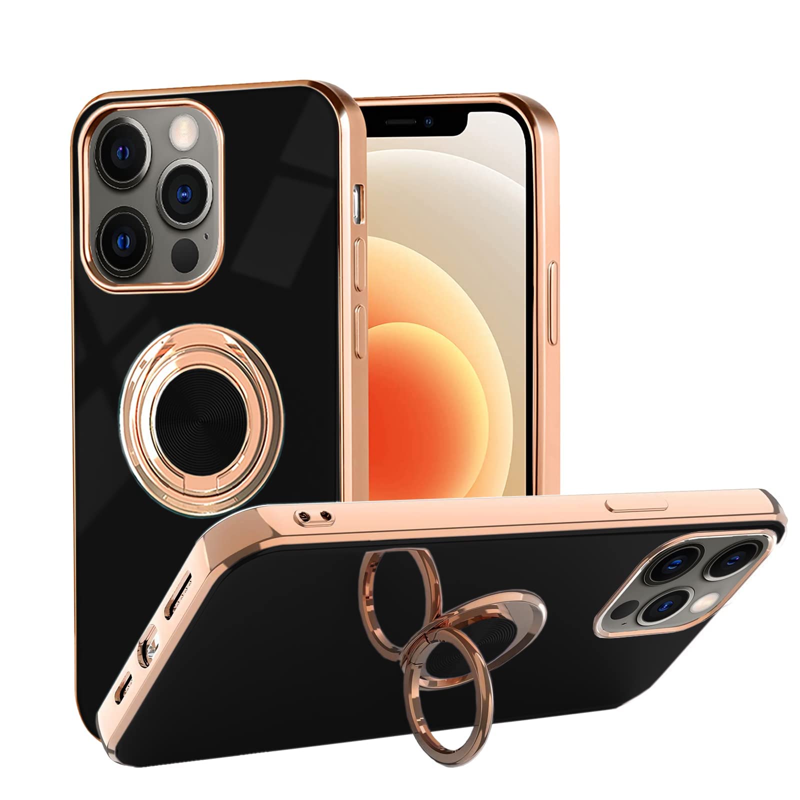 Design for iPhone 14 Pro Max Case, Soft TPU Edge Plating 360 Degree Rotation Ring Holder Kickstand Protective Anti-Scratch Cover Work with Magnetic Car Mount (iPhone 14 Pro Max, Black)