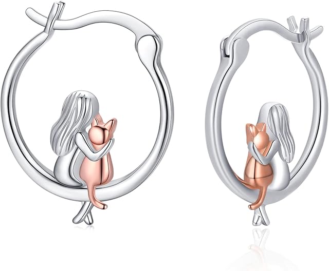 Girls Cat Earrings 925 Silver Cute Girls Earrings Animal Earrings Cat Jewellery for Women, Cat Themed Gifts for Women Girls Kids Children