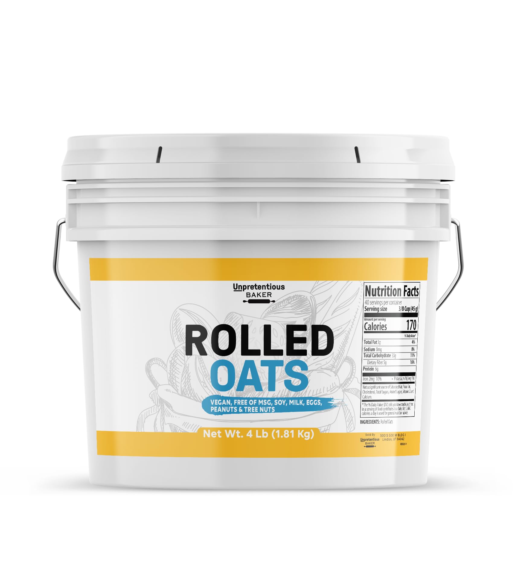 Unpretentious Rolled Oats, 1 Gallon Bucket, Old Fashioned Oats, Good Source of Iron (4 Pounds)