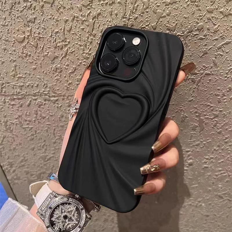Image of COVERLY Heart Shape Design Back Case Cover for iPhone 15 Pro Max | Hot 3D Embossed Wrinkle Cute Silk Pattern | Love Trendy Matte TPU | Soft Silicone Fashion Aesthetic Cover for Girls & Women (Black)