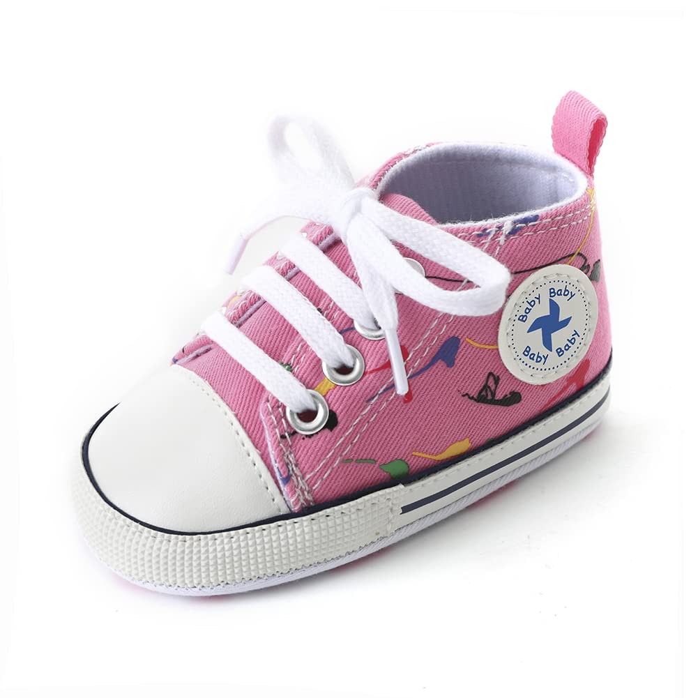UARO Baby Boys Girls Star High Top Sneaker Soft Anti-Slip Sole Newborn Infant First Walkers Canvas Denim Shoes (A12-DarkPink, 12-18 Months)