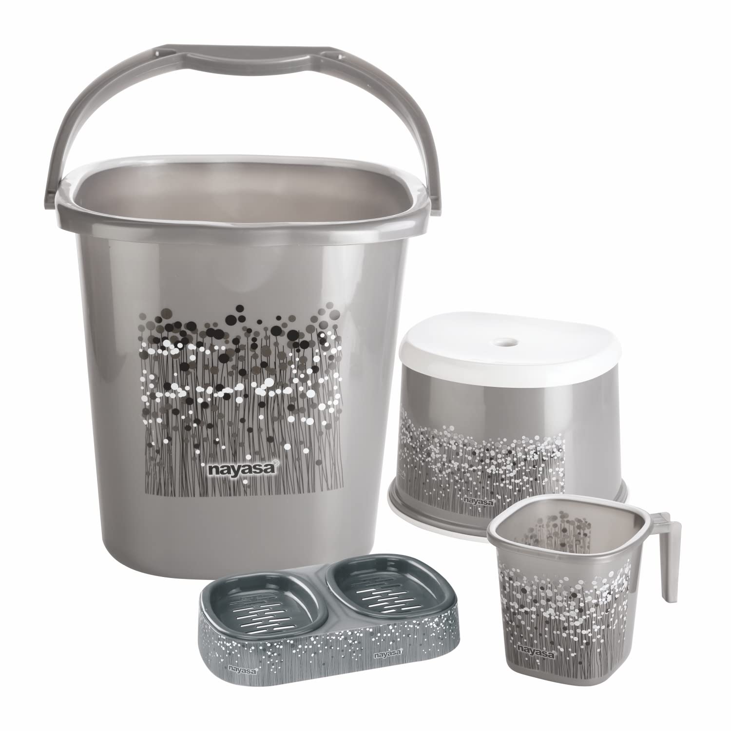 Nayasa Square Ring Funk Plastic Set for Bathroom | 18 Liters Bucket & 1.5 Liters Mug | Bathroom Set of 4 | Bathroom Accessories Set | Bucket, Mug, Stool & Soap Case, Black