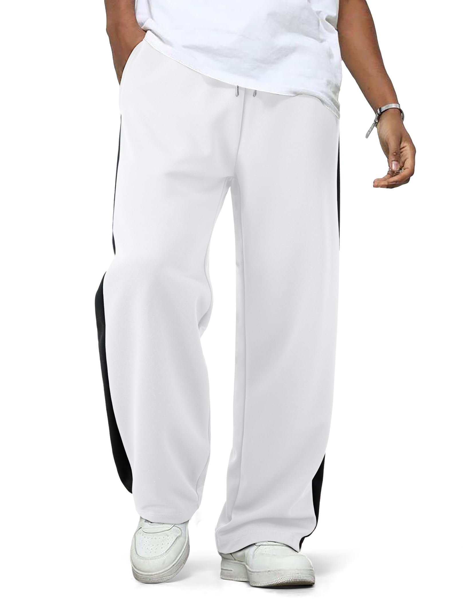 JMIERR Mens Sweatpants Wide Leg Color Block Stripes Tapered Trousers Drawstring Waist Casual Stretch Track Pants