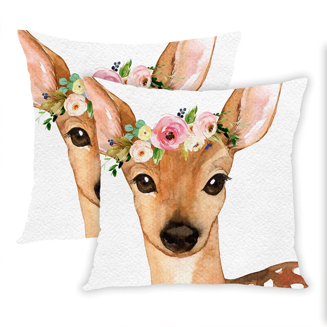 Suike Boho Woodland Deer Girl Nursery Floral Modern Hidden Zipper Home Sofa Furniture Decorative Throw Pillow Cover Cushion Case European 16x16 Inch Design Printed Pillowcase