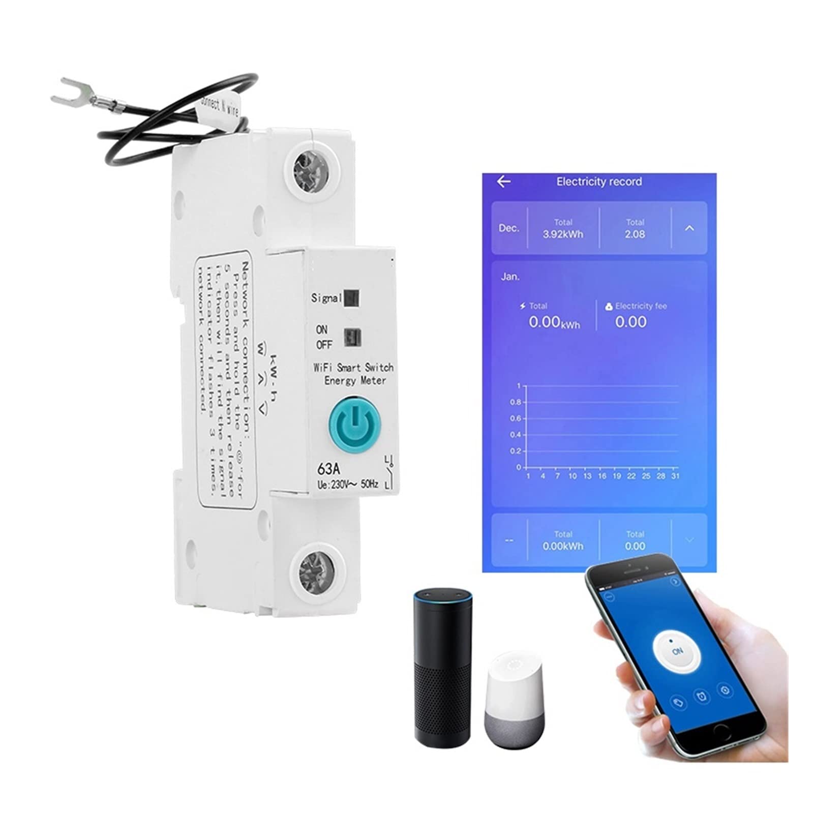 Interruptor de medidor de potencia inteligente, 1p riel DIN monofásico WIFI Medidor de energía inteligente Consumo de energía KWH Meter Wattmeter con Alexa for hogar inteligente Controle cómodamente s
