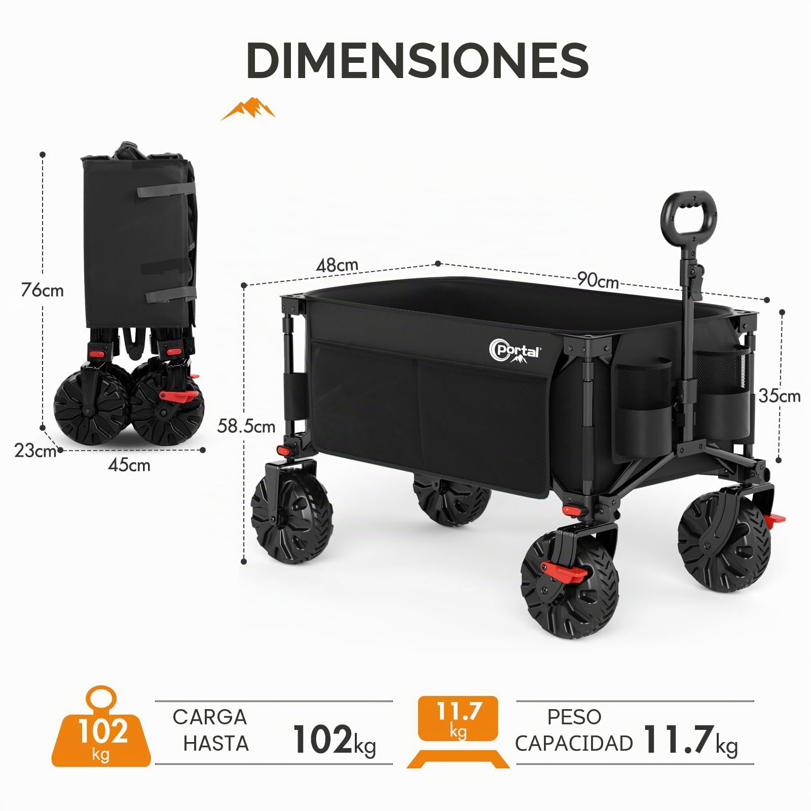 Portal Carro de Playa para Arena, Todo Terreno, Ruedas Grandes, para Festivales, Camping, Carrito de Playa, Plegable, Carrito de jardín, con Ruedas, soporta 102 kg, Resistente y Plegable