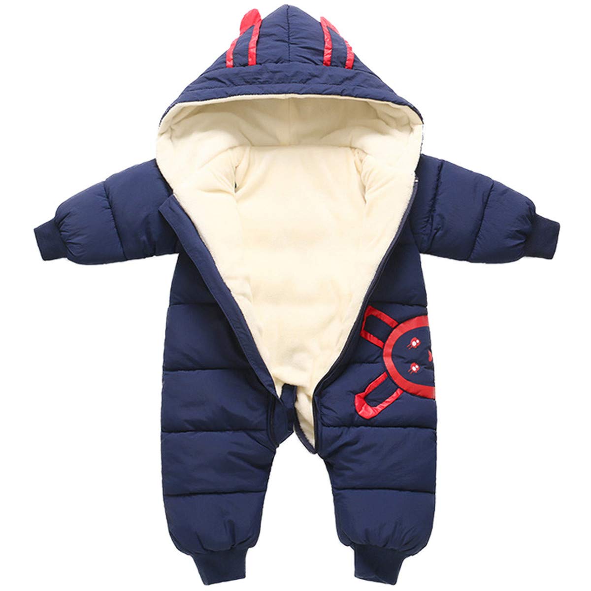 JELEUON Baby Girls Boys One Piece Winter Hooded Ladybug Print Warm Puffer Onesies SnugglyJumpsuit Snowsuit Romper 1-2 Years Navy