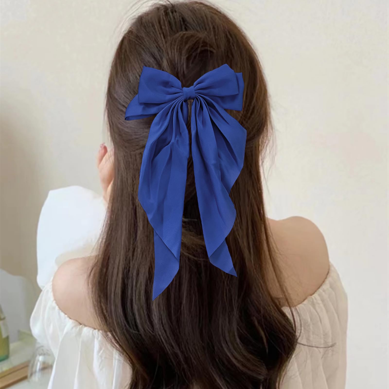 Hair Bows for Women Royal Blue Clips Large Satin Ribbon Bow Accessories Silk Big Hairs Bow for Girls Cute Christmas Long Hair Bows for Girls Hair Clip (blue) - Image 4