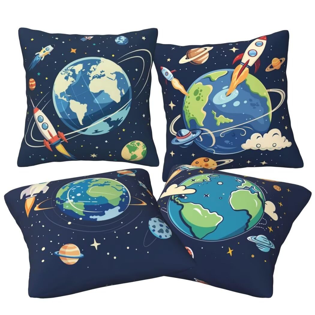 Poszewka na poduszkę z kreskówek 60 x 60 cm poszewka na poduszkę miękka aksamitna poduszka planeta dekoracyjna na sofę, 4 sztuki poszewki na poduszki z ukrytym zamkiem błyskawicznym dekoracja do domu