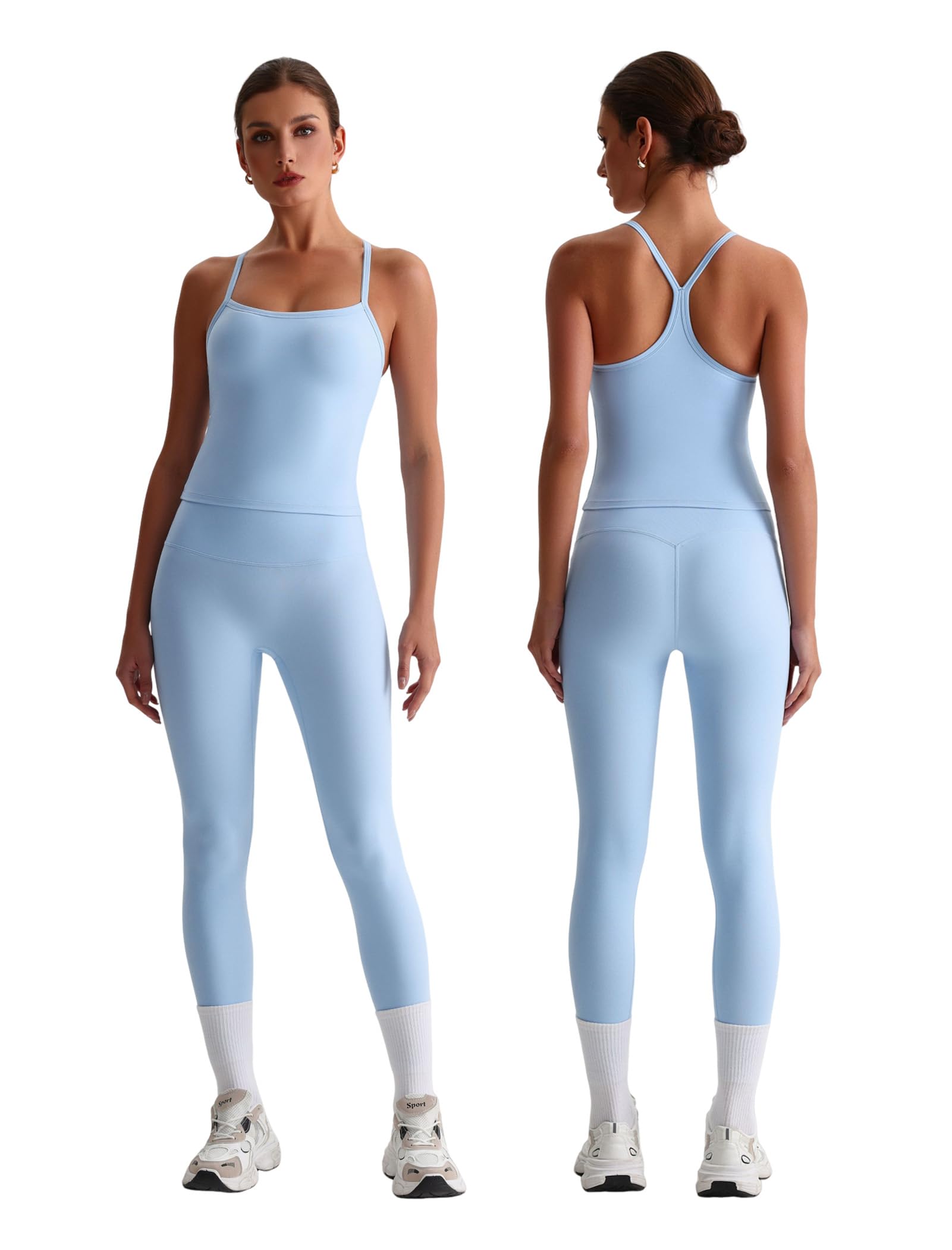 Womens Workout Sets Two Piece Y Back Tank Top Matching High Waist Leggings Sets Gym Work Out Clothes