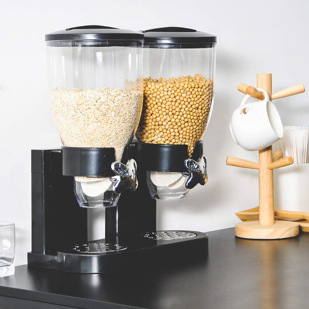 Dispensador de cereales de doble barril, dispensador de alimentos secos con gran almacenamiento para avena, frijoles, nueces, arroz, recipiente de almacenamiento de cocina, color negro