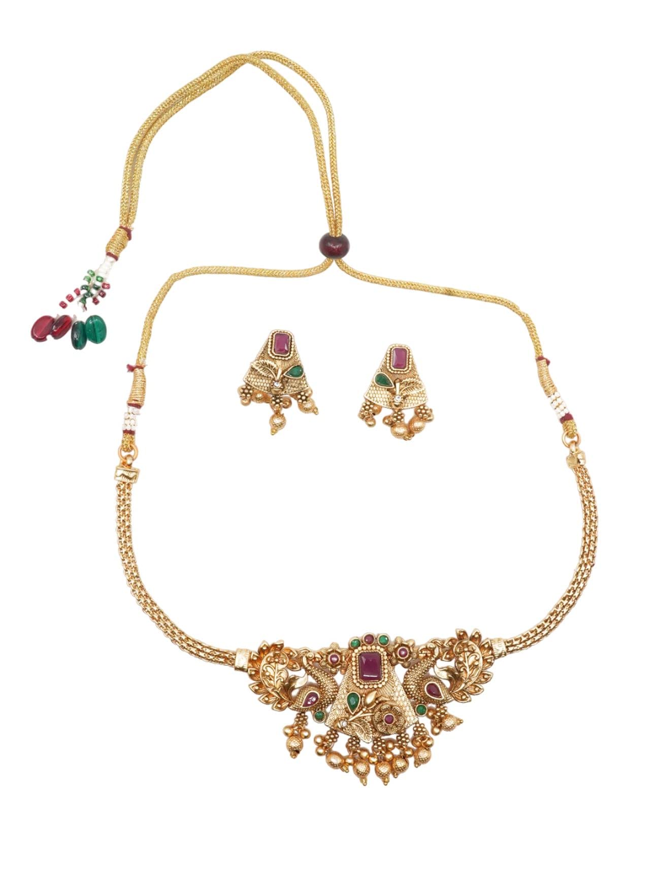 Griiham Premium Antique Gold Finish Peaock Motif choker 10947n, "Necklace - 46 cm Earrings - 4cm, Metal, Cubic Zirconia