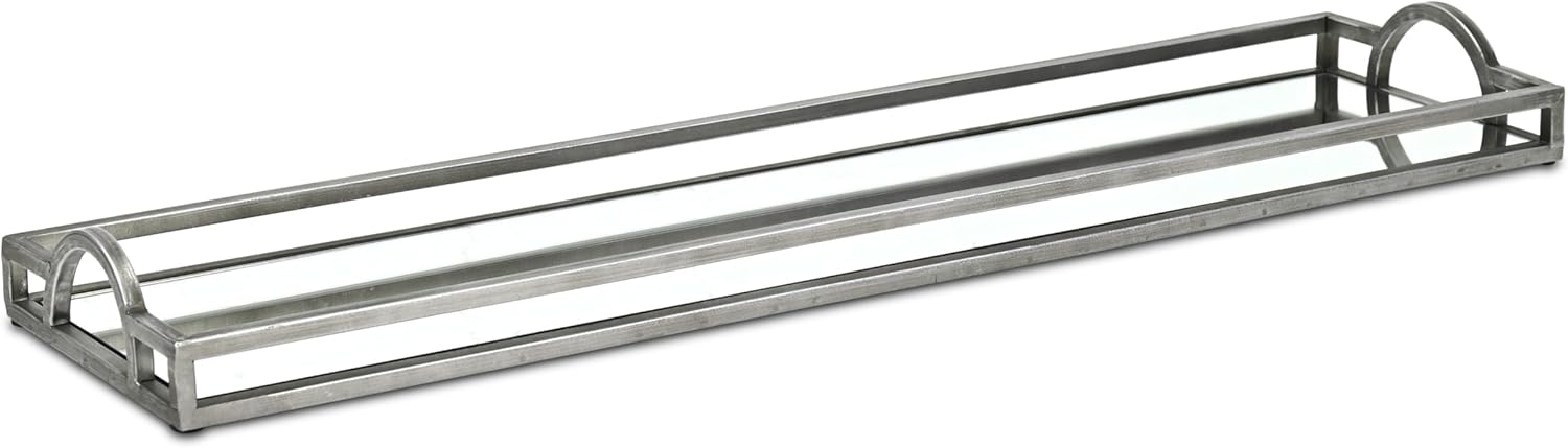 Verena Slim 32" Rectangular Mirrored Tray – Silver Finish with Handles – Modern Centerpiece for Living Room or Console Table – by Cheungs