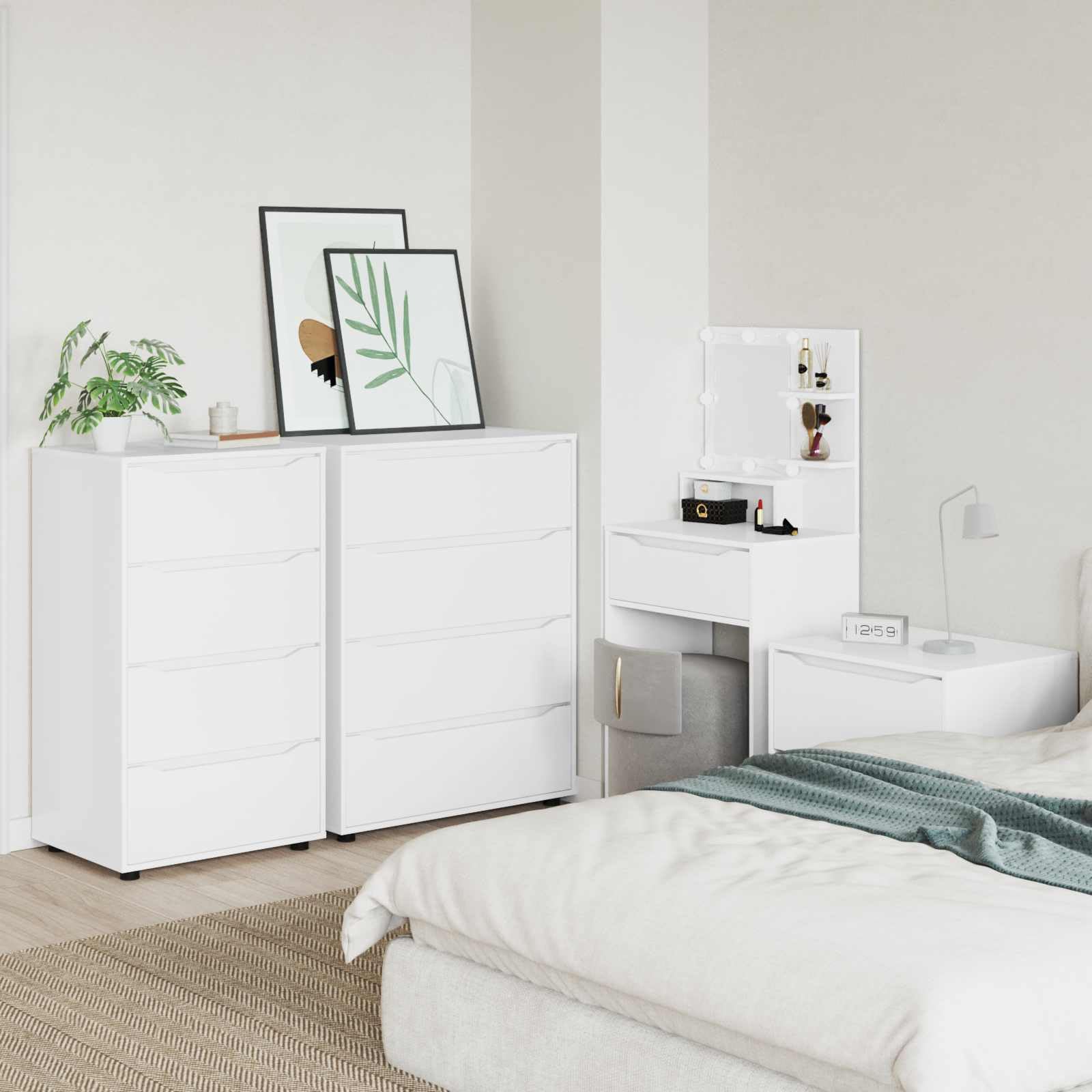Armadio portaoggetti da 60 x 48 x 105 cm, in legno bianco, con 4 cassetti, regolabile in altezza, design stabile, ideale per camera da letto, soggiorno, ufficio, cantina, garage, cucina e