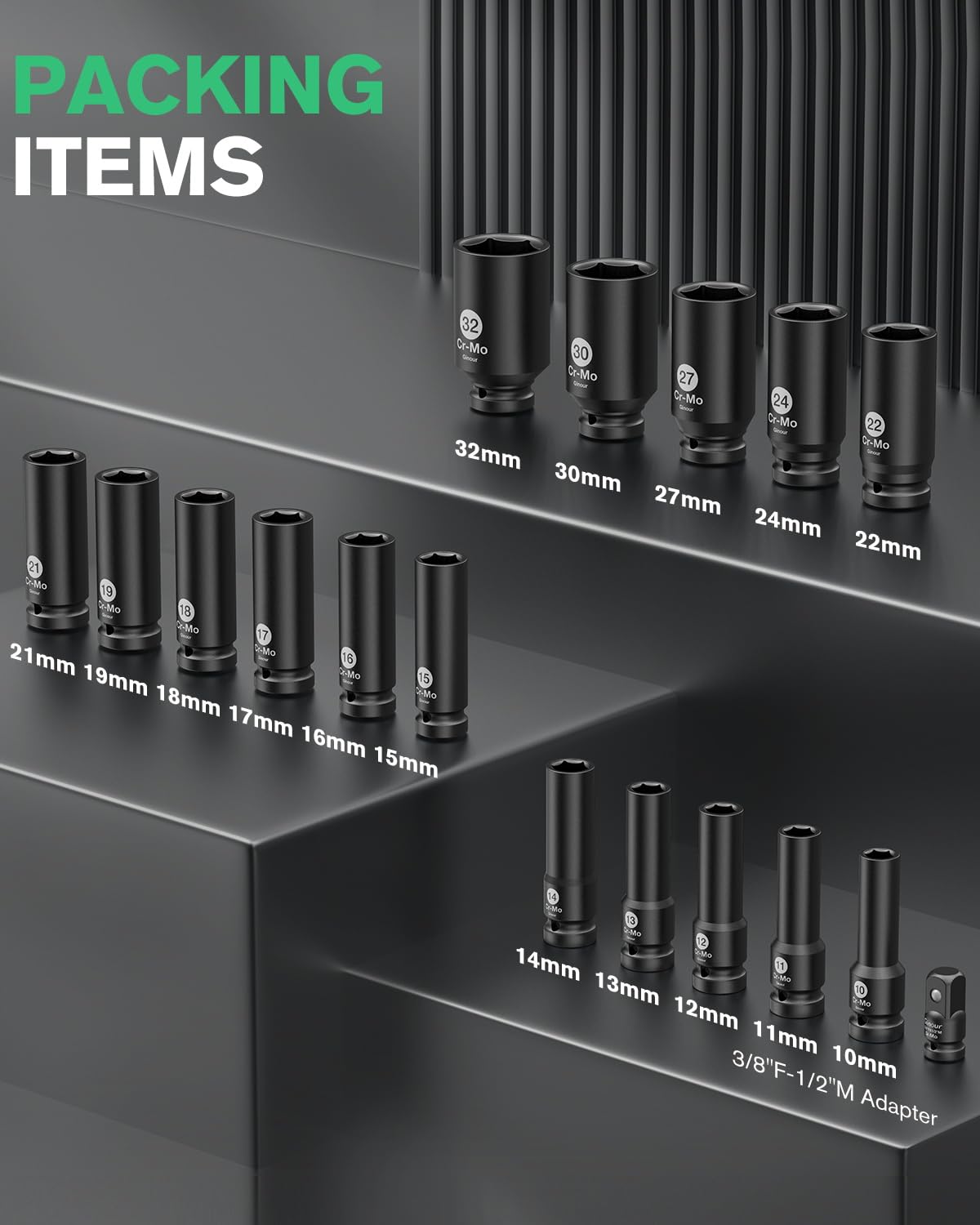 Ginour Coffret de 17 Pièces 1/2" Douilles à Chocs 10-32 mm, Jeu de 16 Douille Longue Hexagonales CR-Mo Avec Adaptateur 3/8" à 1/2"(17tlg, 10-32mm)
