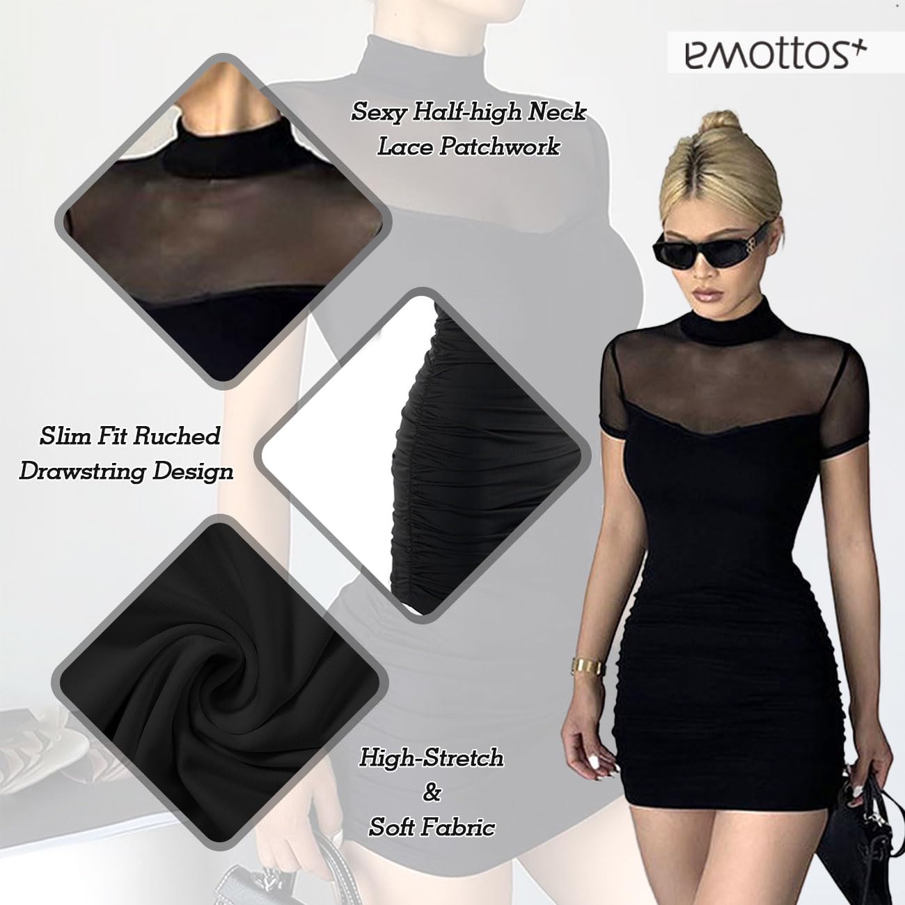 Mini Abito Sexy a Rete, Morbido Abito da Donna in Pizzo Patchwork Club Bodycon, Mezzo Collo Alto Pullover Abiti da Festa increspati