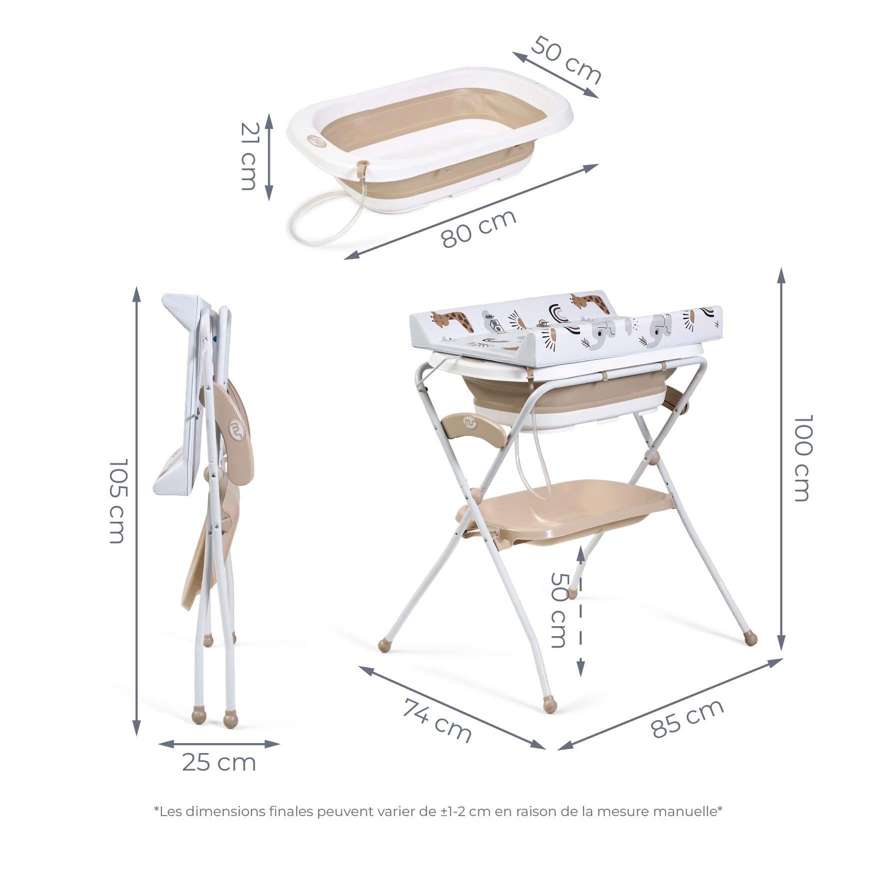 MS BabyWorld - Baignoire haute ZOE + Réducteur | Matelas à langer, coussin réducteur et panier | Confortable et facile à ranger | Avec bouchon et tuyau de vidange, pieds antidérapants, Pliable (Beige)