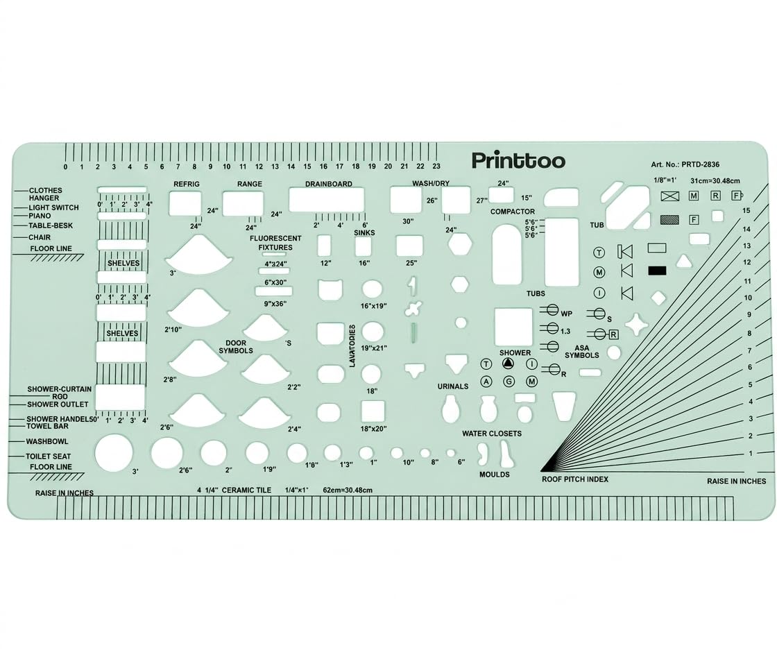 Printtoo Architectural House Plan Stencil with Kitchen Bath Furniture and Interior Layout Symbols, 2 mm Transparent Template for Floor Plan Drawing, Space Planning, Architecture, and Design Studio Use โ image 1