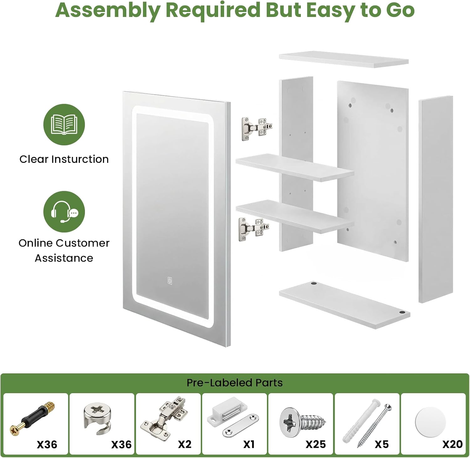 Boswillon Lighted Medicine Cabinet LED Bathroom Mirror with Storage, White | 3 Color Lights&Adjustable Brightness, Recessed or Wall Mount, Adjustable Interior Shelves, For Over Sink, Wood, DTC, 16x20in