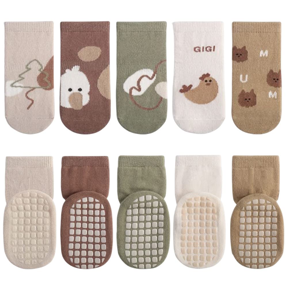 imKutie Baby Anti-Slip Socks, 5 Pairs Newborn Infant Cotton Cute Cartoon Animal Cozy Ankle Socks with Grips for 0-3 Years