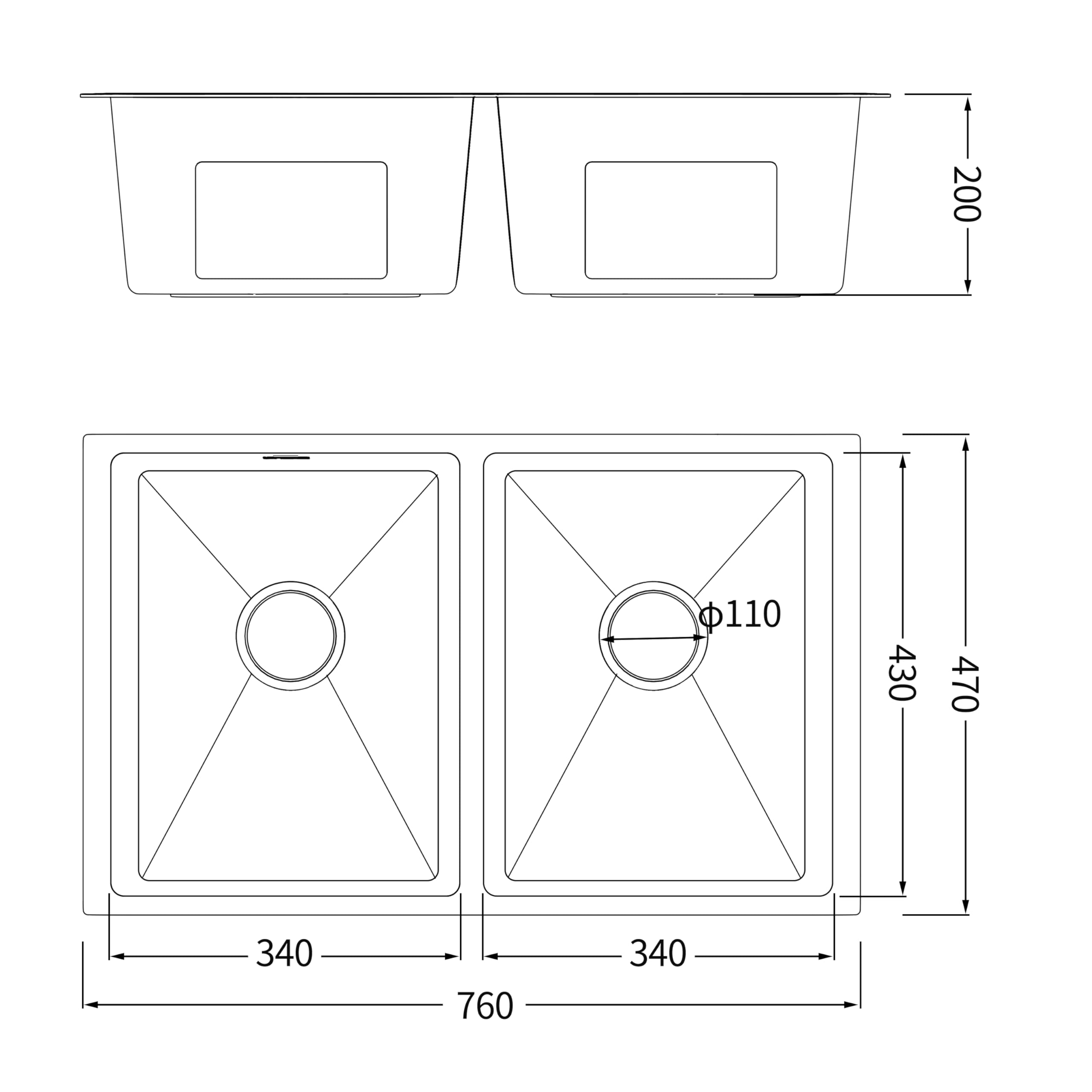 Fregadero de Cocina Doble Seno 760x470 mm, 2 Cubetas 200 mm Altura, Sobre Encimera, Desagüe Ø110 mm (Negro)