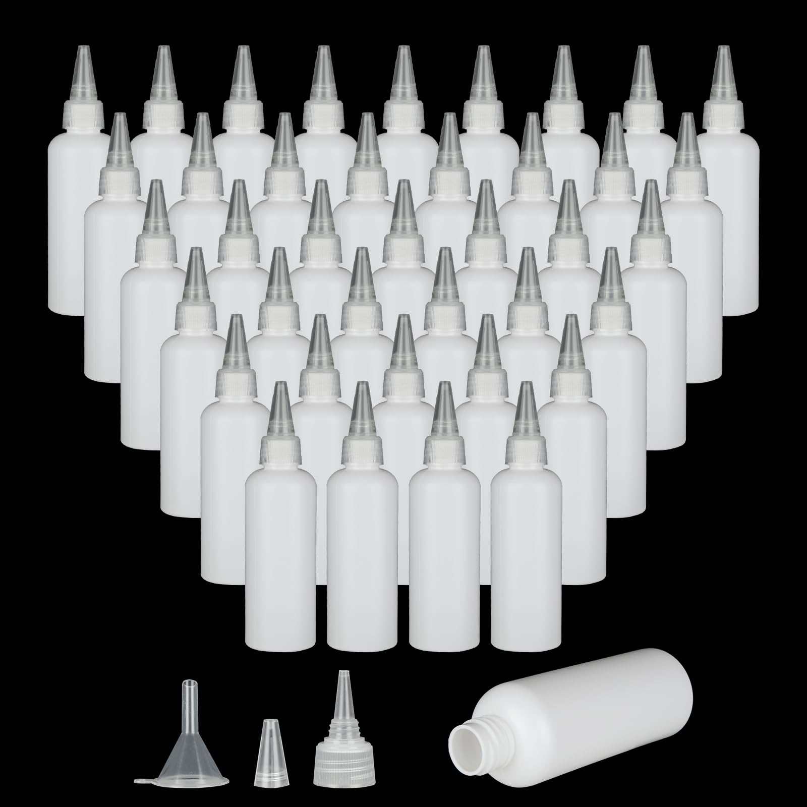 APACALI 50 PCS 100ml Squeeze Bottle, Squeezy Bottles with Nozzles, Plastic Squeeze Bottle, Condiment Bottle, Plastic Sauce Bottles with 2 Funnels for Sauce Lotion, Oil and Condiments