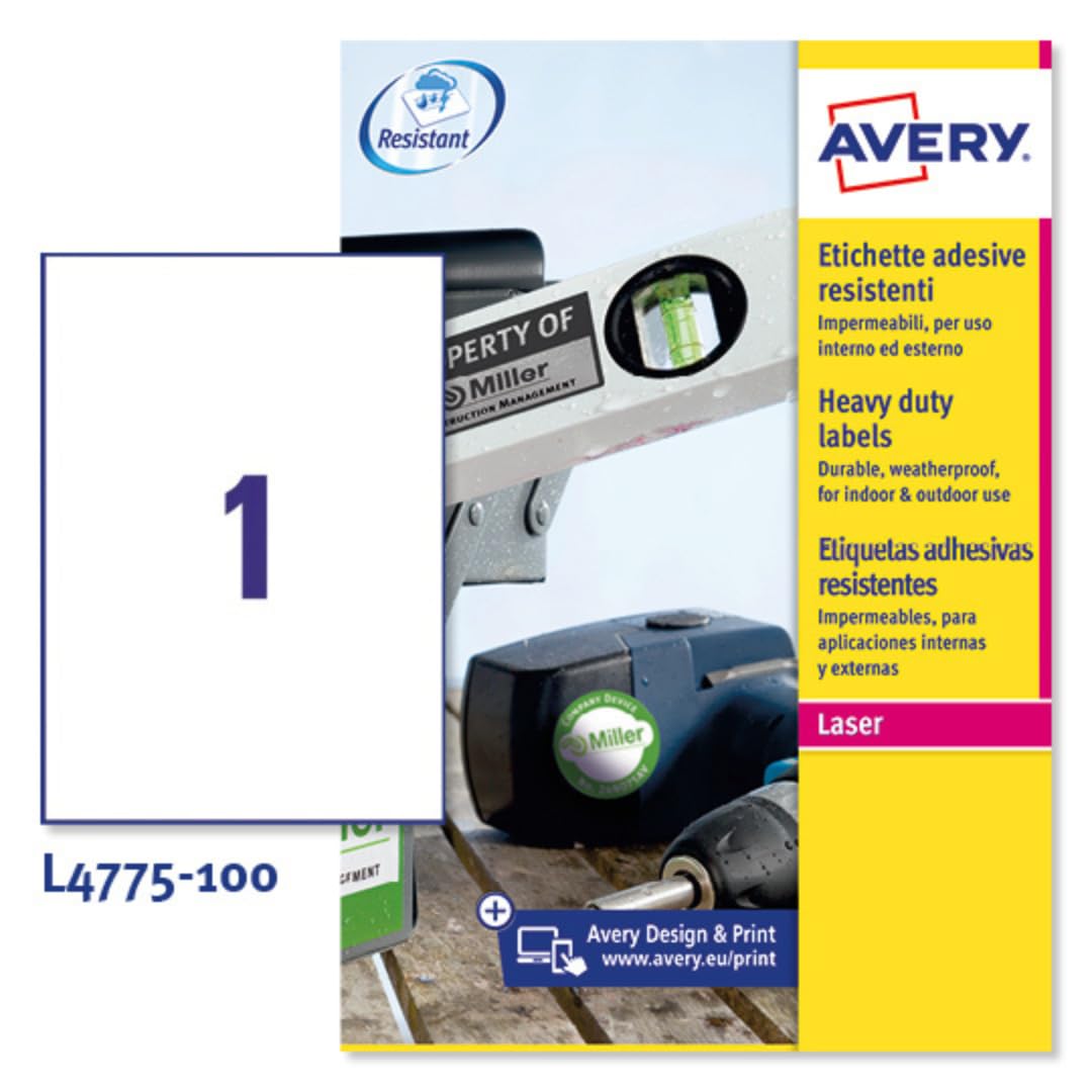 Avery Zweckform L4775-100 - Etiquetas impermeables, 210 x 297 mm, 100 hojas, 100 etiquetas, color blanco