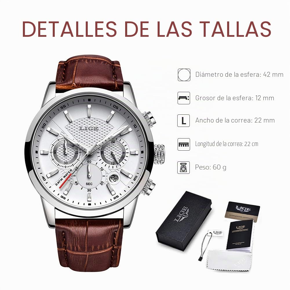 LIGE Relojes Hombre Cronógrafo Analógico Cuarzo 3bar Impermeable Pulsera de Cuero Deporte Watch Business Casual Relojes de Pulsera Regalo Elegante Marrón Blanco