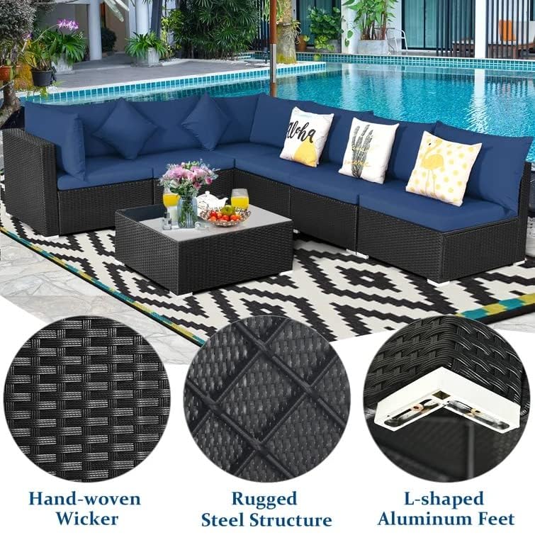 Image of 6 Seater Outdoor Patio Sectional Sofa L Shape sofaWicker Furniture Conversation Sets with Washable Cushions, and Glass Coffee Table for Garden, Poolside, and Backyard. (Black and Nevy Blue)