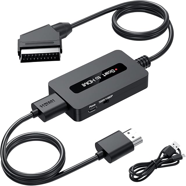 Scart to HDMI Cable Converter with Scart and HDMI Cables, Male Scart In HDMI Out Converter, Scart HDMI Video Audio Adapter for Sky/ DVD/ STB with Scart output to Display on HDTVs