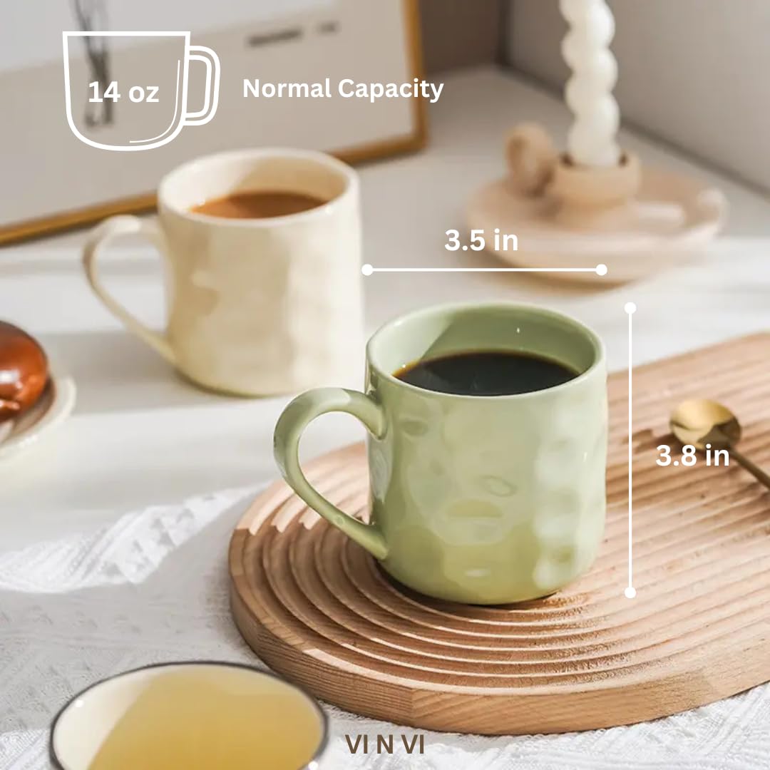VI N VI Juego de 4 tazas de café de cerámica verde de 14 onzas, tazas de cerámica duraderas con asas para bebidas calientes y frías: café, té, leche, cacao, aptas para microondas y lavavajillas, idea