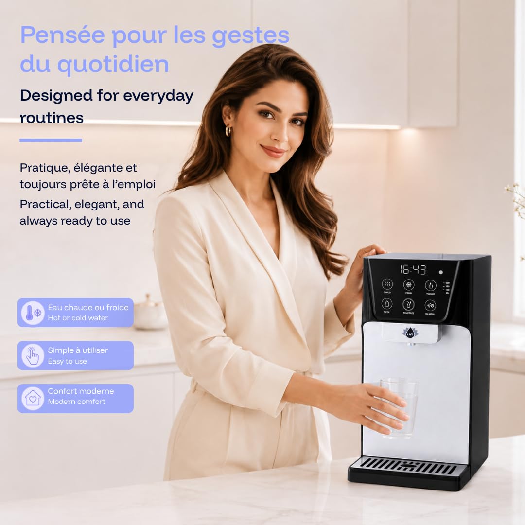 OVI I Distributeur d’Eau Chaude, Froide & Tempérée Instantané | Fontaine à Eau Filtrée 4 Étapes Anti-Bactéries & PFAS | Connexion Directe | Idéal Famille & Bébé | Noir