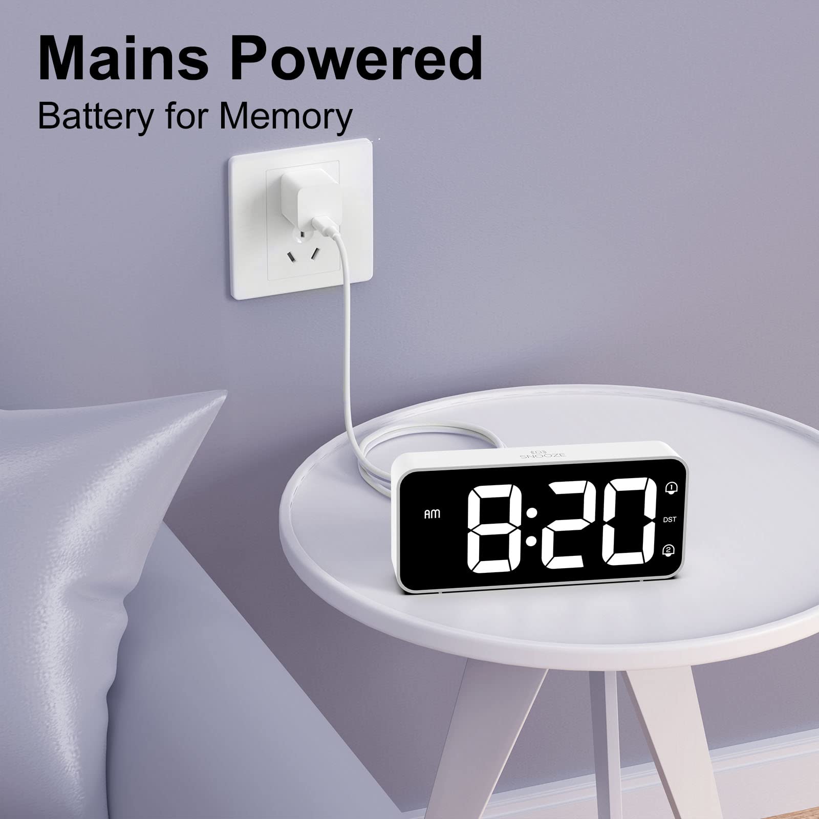 Sveglia da Comodino, Sveglia Digitale con Led Numeri Grandi, 0-100% Dimmer, 90-120 dB Volume, 2 Allarme, 12/24H, Snooze, Porta di Ricarica USB (Adapter Incluse), Bianco