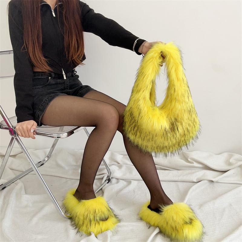 Image of Faux Fur Hobo Shoulder Bag for Women - Large Cute Fluffy Tote Plush Handbag Y2K Furry Purse