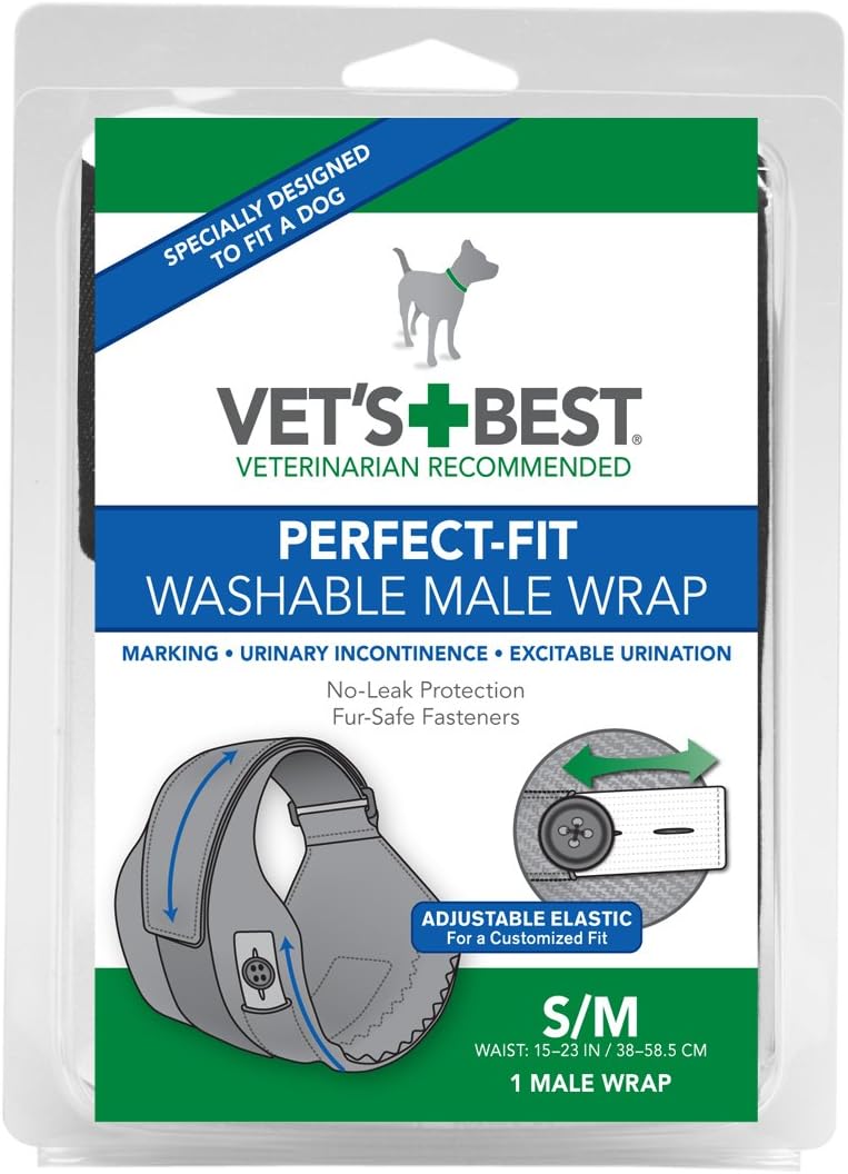 Vet's Best Washable Male Dog Diapers | Absorbent Male Wraps with Leak Protection | Excitable Urination, Incontinence, or Male Marking | Small/Medium | 1 Reusable Dog Diaper Per Pack